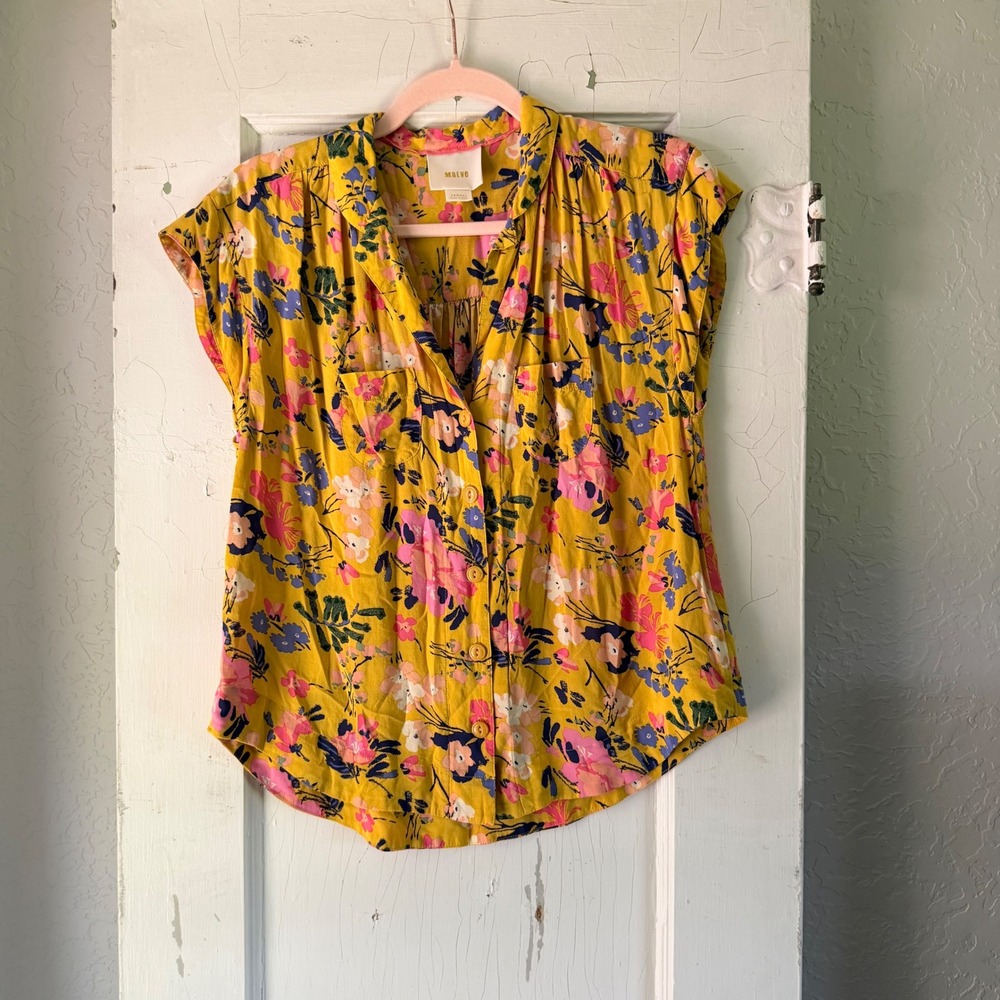 Maeve Anthropologie Yellow Floral Rayon Button Down Blouse XS Boho Cap Sleeve